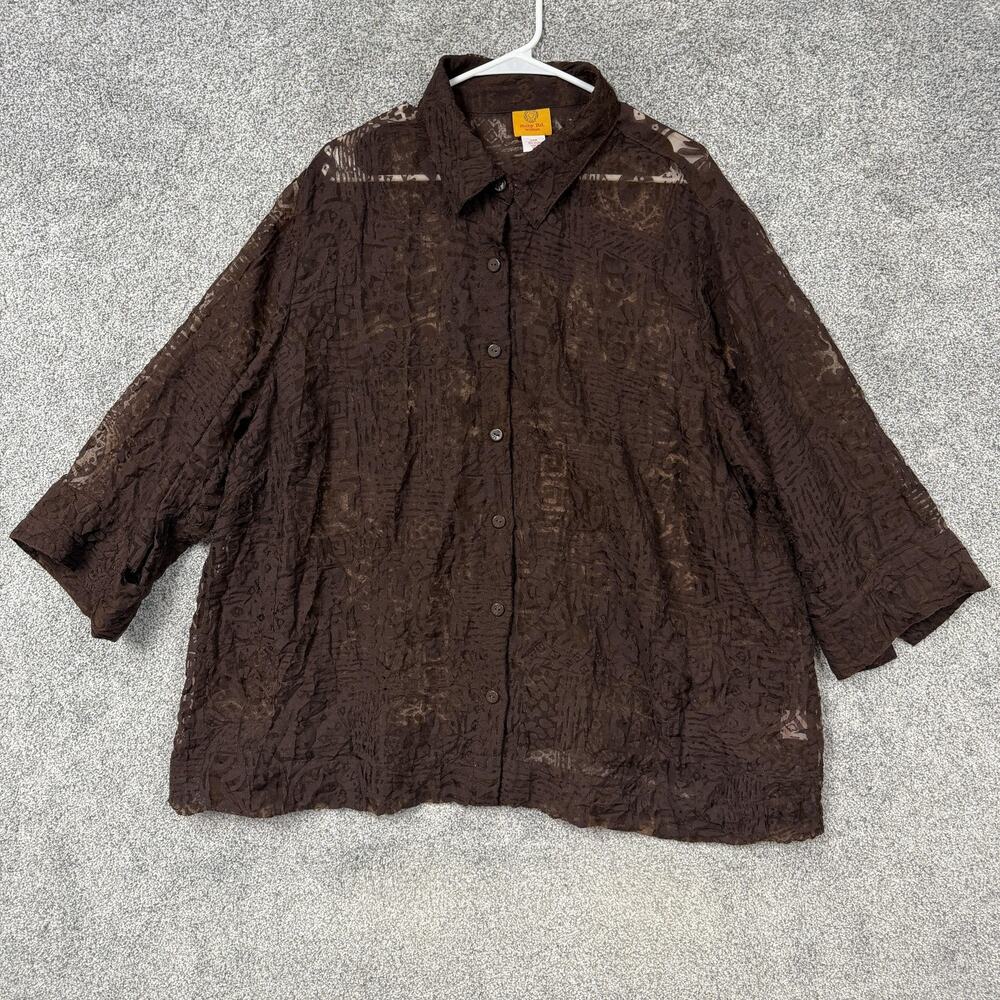 Ruby Rd Tunic Top Womens 24W Plus Brown Sheer Geometric Burnout Boho Whimsigoth